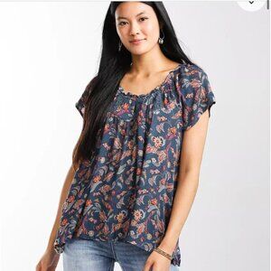 Daytrip Size M Flowy Foral Wide Neck Top Blue Gauze Paisley Floral Boho Textured